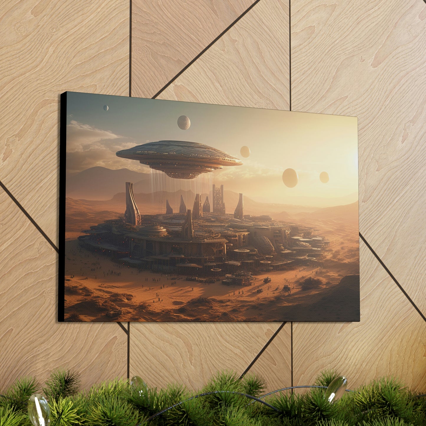 Desert City With Alien Spaceship Landing Wall Art