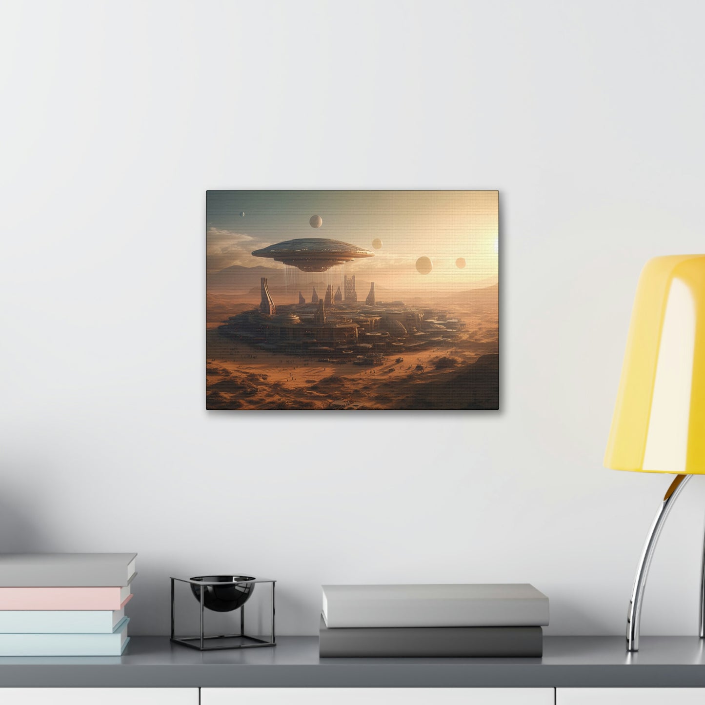 Desert City With Alien Spaceship Landing Wall Art