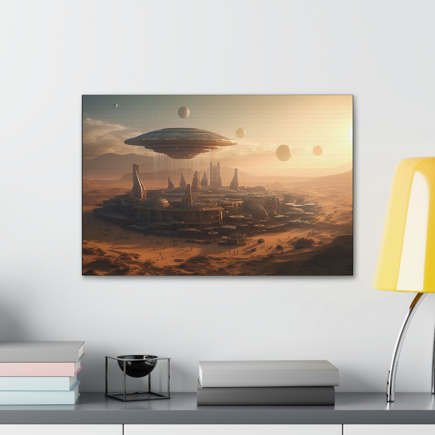 Desert City With Alien Spaceship Landing Wall Art