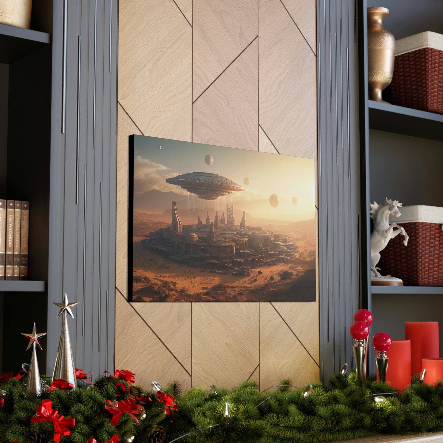 Desert City With Alien Spaceship Landing Wall Art