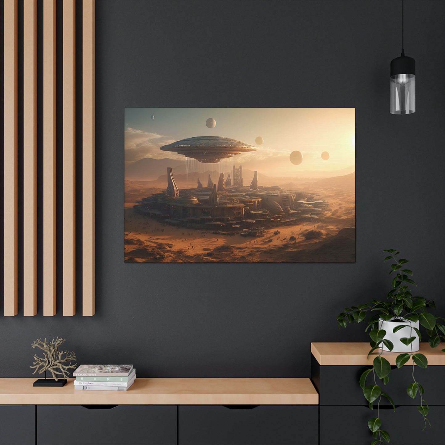 Desert City With Alien Spaceship Landing Wall Art