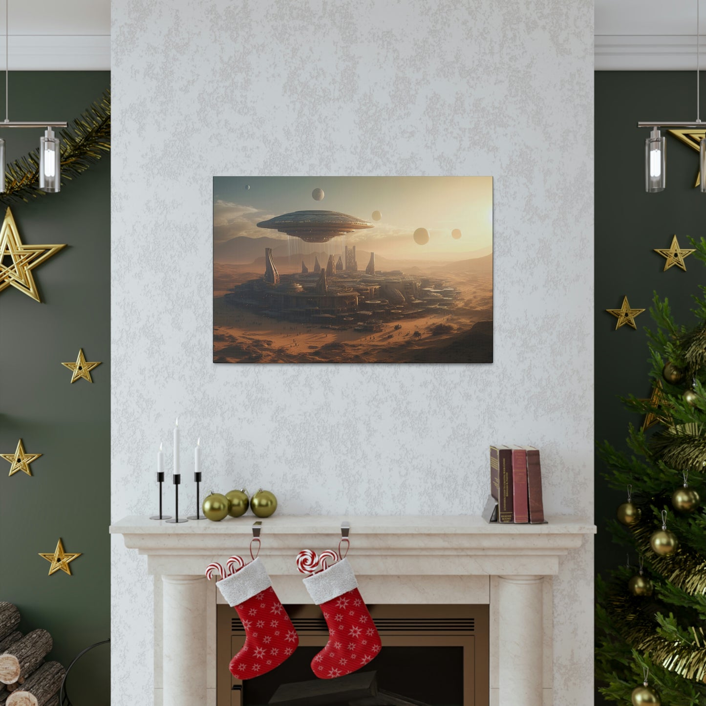 Desert City With Alien Spaceship Landing Wall Art