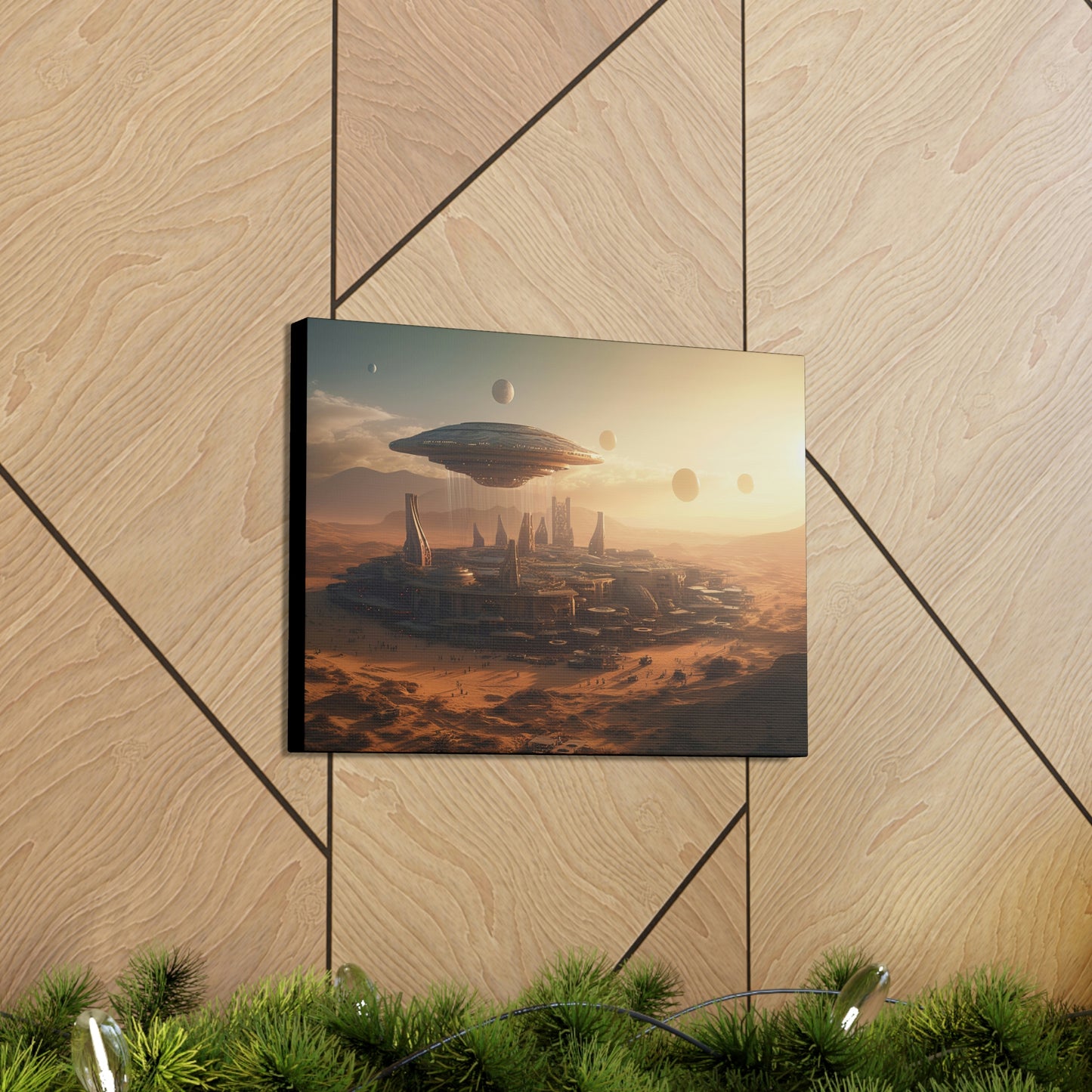 Desert City With Alien Spaceship Landing Wall Art