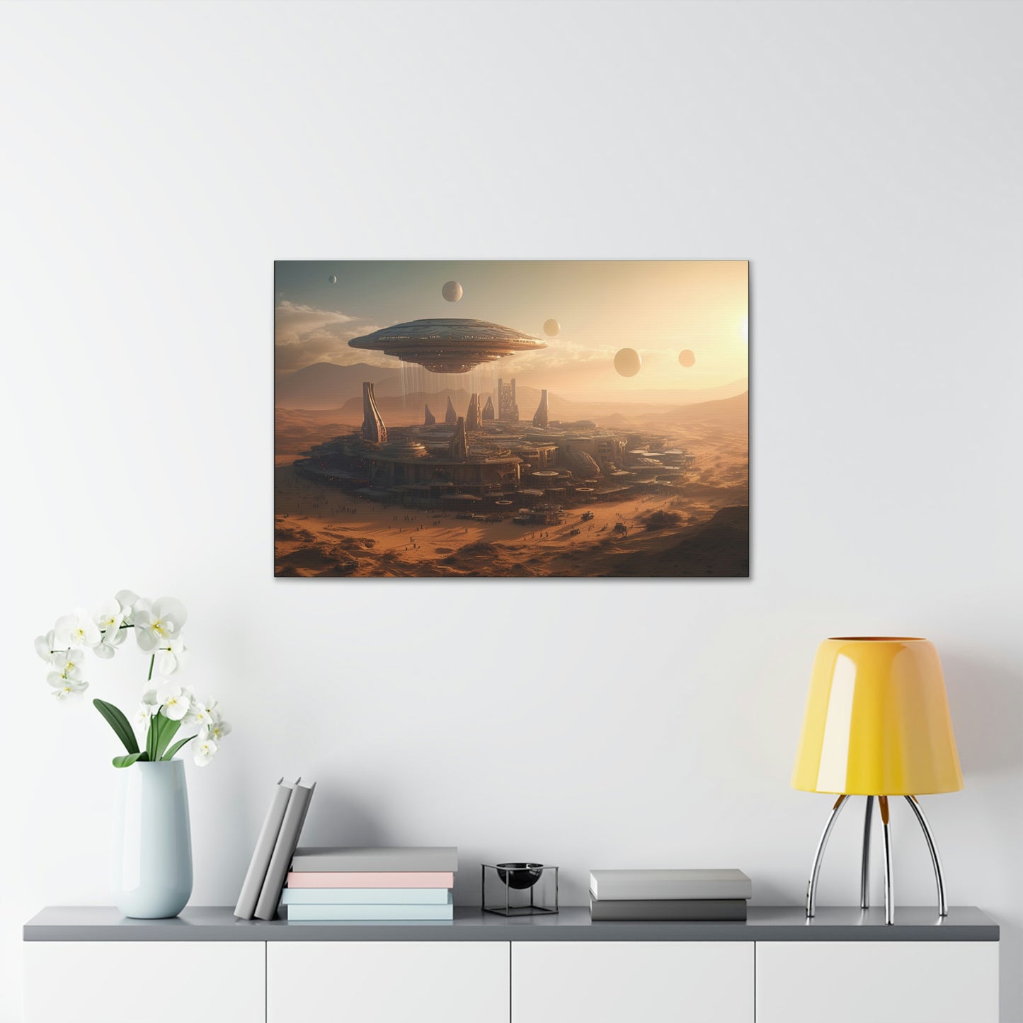 Desert City With Alien Spaceship Landing Wall Art