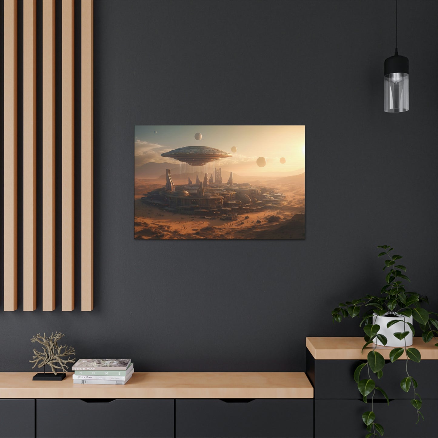 Desert City With Alien Spaceship Landing Wall Art