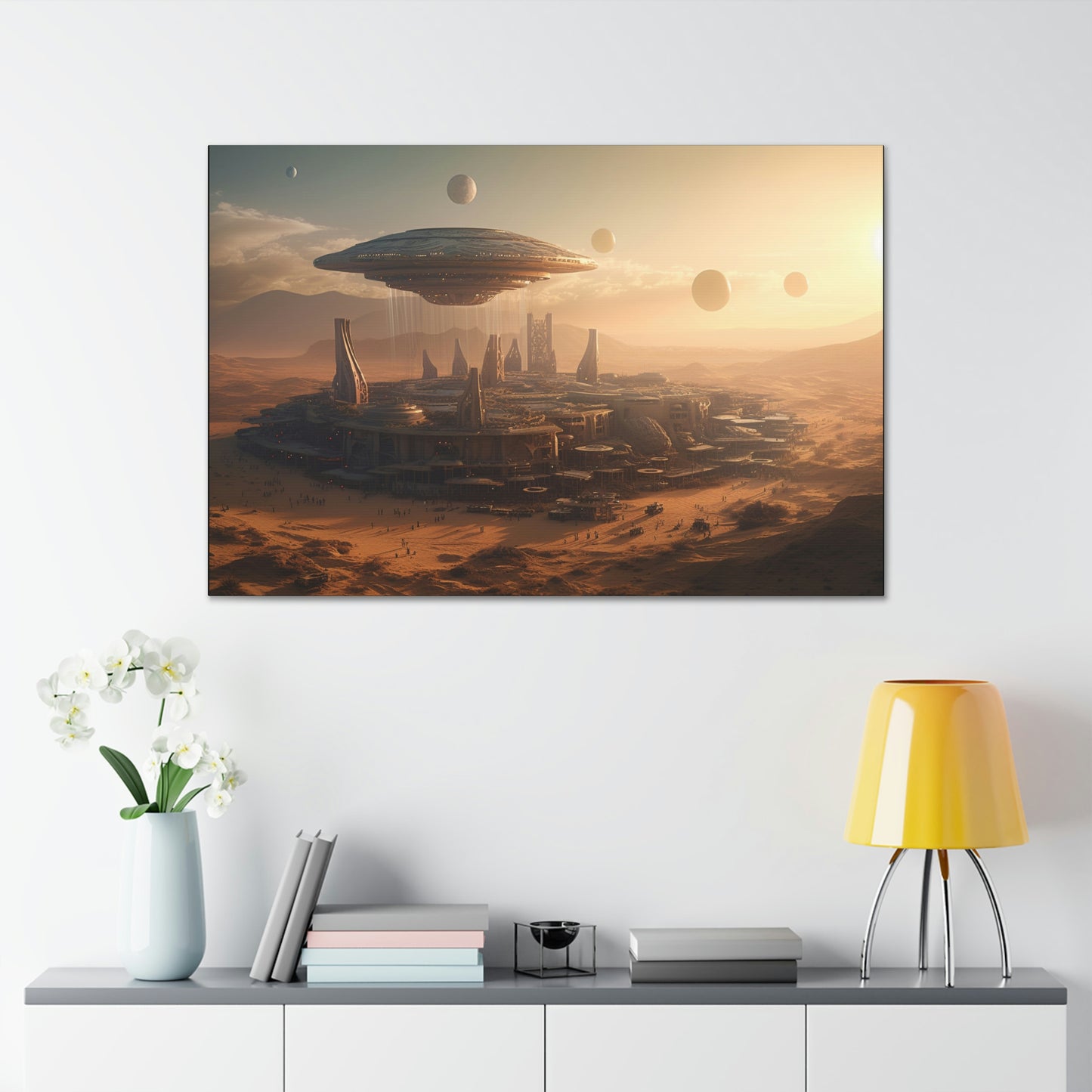 Desert City With Alien Spaceship Landing Wall Art