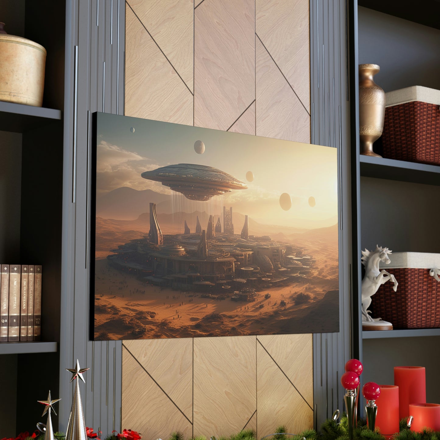 Desert City With Alien Spaceship Landing Wall Art